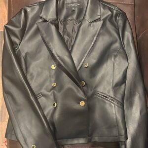 Marc New York Black Faux Leather Double-Breasted Blazer with Gold Buttons